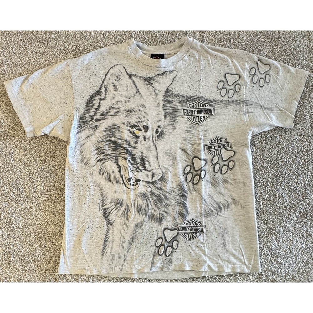 Vintage 1990's Harley Davidson All Over Wolf Print T-Shirt Mens XL Gray Westland
